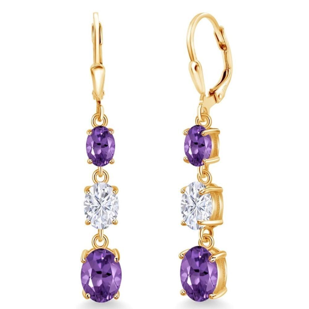 18K Yellow Gold with 5.00 Cttw 3 Stone Amethyst and White Moissanite Earrings